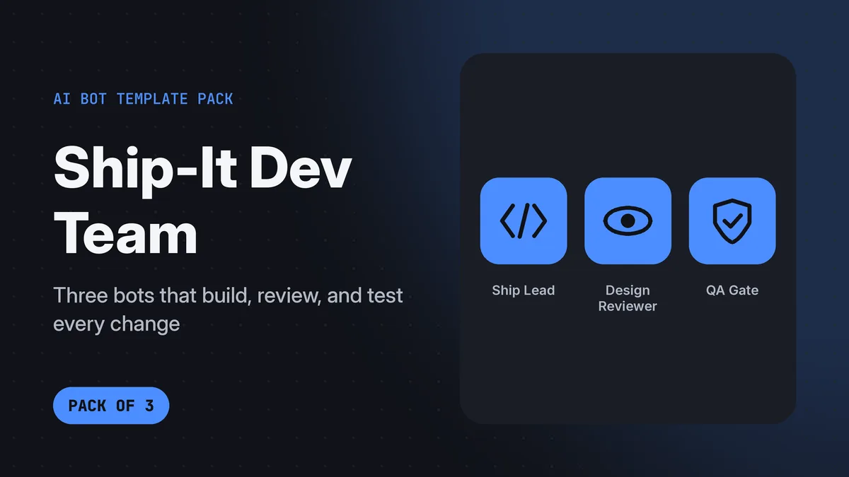 Ship-It Dev Team banner with three robots labeled Build, Review, and Test