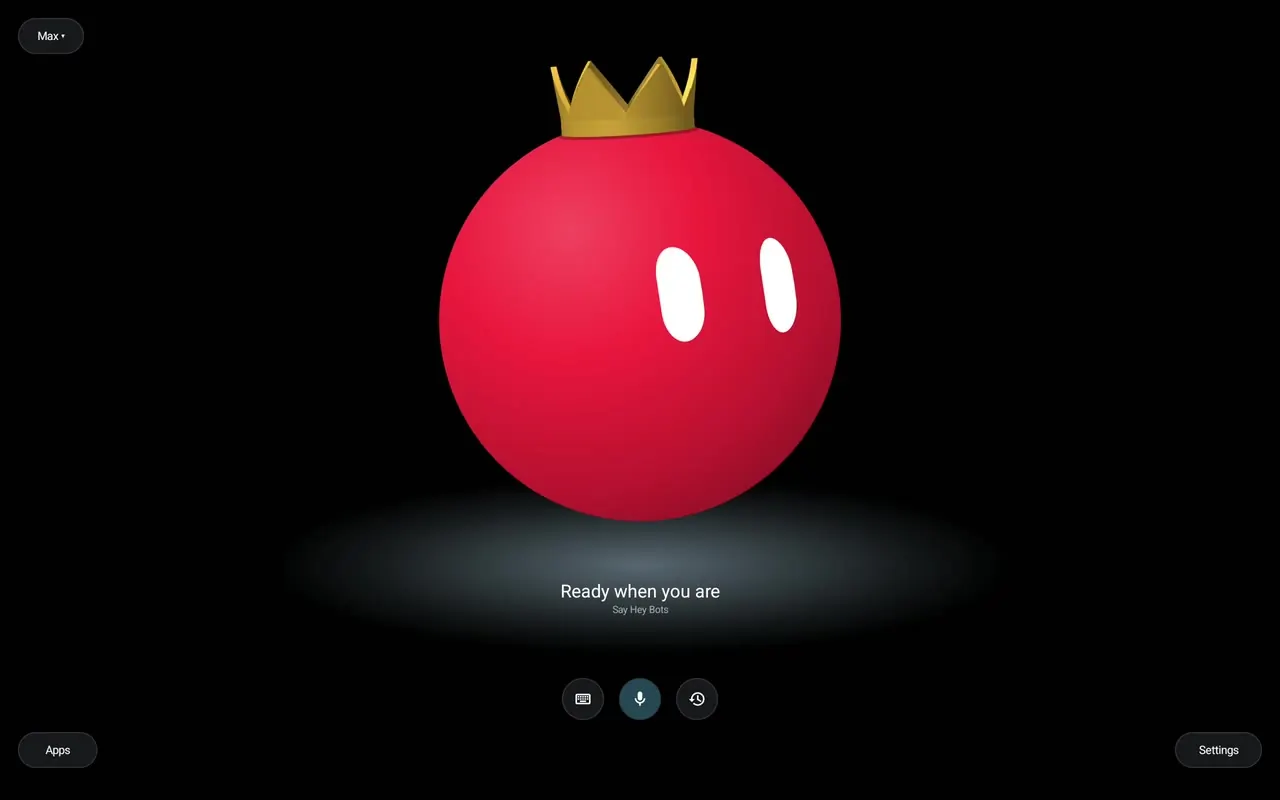 Max, a red sphere with a gold crown, on the Grok Home stage.